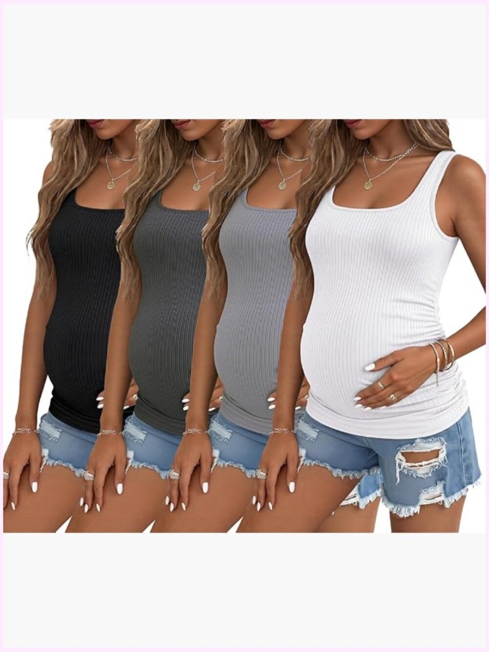 4 Pack Maternity Tank Tops Ribbed Summer Pregnancy Shirts Ruch Side Square Neck